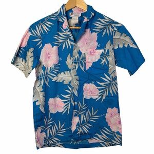 Malihini Hawaii Floral Hawaiian Shirt Blue Pink Made in Hawaii Size S